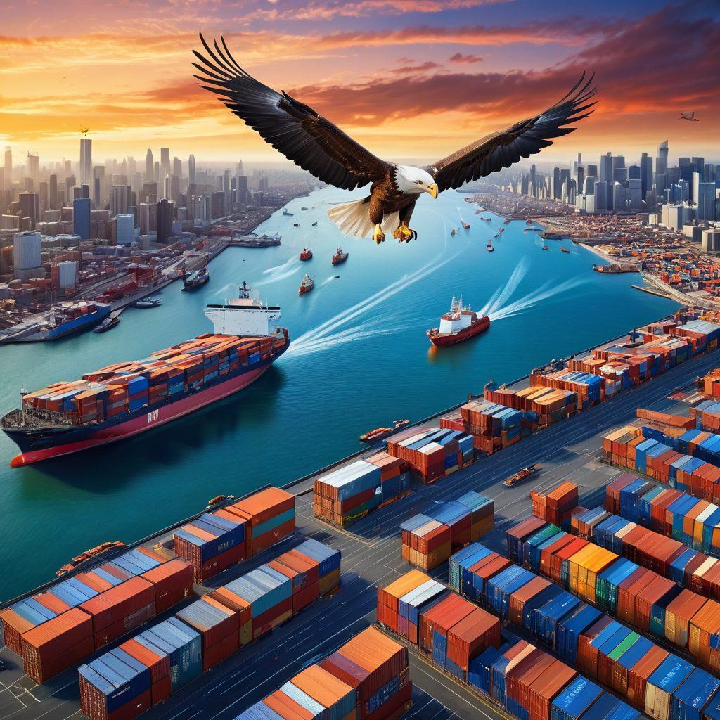 A detailed map highlighting global shipping routes with an eagle soaring above it, symbolizing freedom and reliability in transport. Include various cargo containers and ships along the routes, with a modern city skyline in the background to represent logistics hubs. The eagle's wings should be expansive, embodying the theme of guidance and expertise. super-realistic. vibrant colors. dynamic perspective.