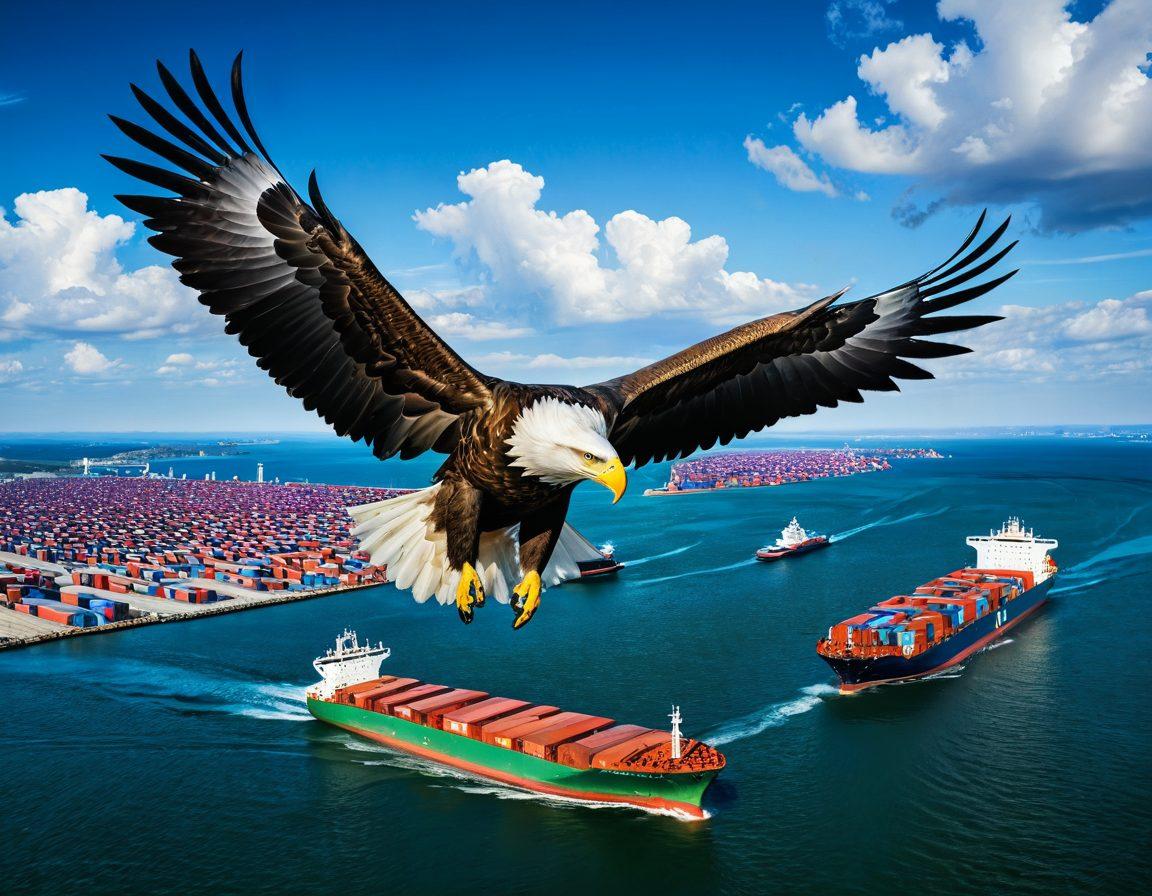 A majestic eagle soaring over a vast landscape of interconnected shipping routes and cargo ships, symbolizing efficiency and freedom in logistics. The background features a bright blue sky with fluffy clouds, representing clarity and progress. Include graphical elements like arrows and charts illustrating streamlined shipping solutions. Emphasize vibrant colors to evoke a sense of ambition and growth. super-realistic. vibrant colors.