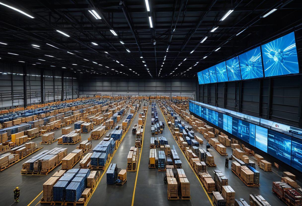 A dynamic warehouse filled with advanced automated systems and robots working seamlessly alongside human workers, showcasing the efficiency of modern logistics. A soaring eagle symbolically flying above the scene, representing Eagle Freight Solutions and their innovative solutions. Bright lighting to emphasize a futuristic atmosphere with digital screens displaying real-time data. super-realistic. vibrant colors. 3D.
